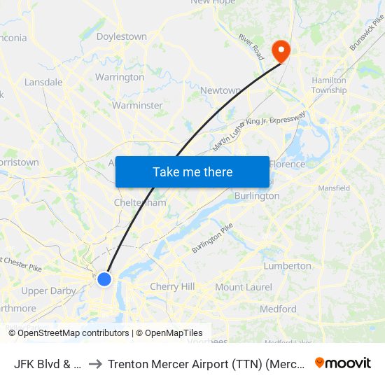 JFK Blvd & 15th St to Trenton Mercer Airport (TTN) (Mercer County Airport) map