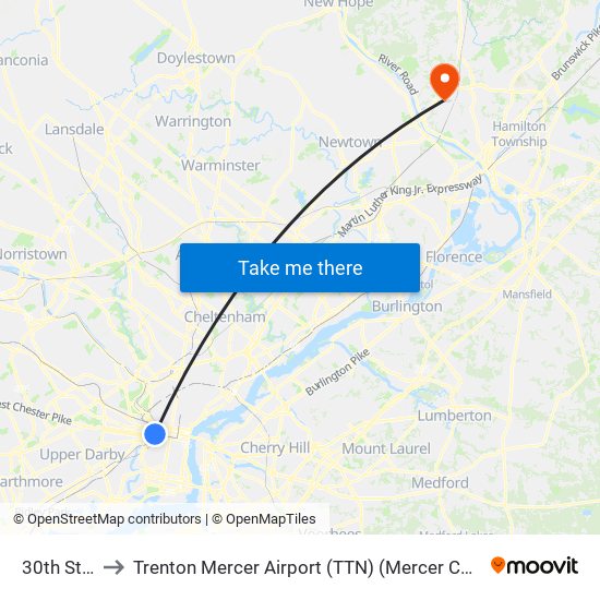 30th Street to Trenton Mercer Airport (TTN) (Mercer County Airport) map