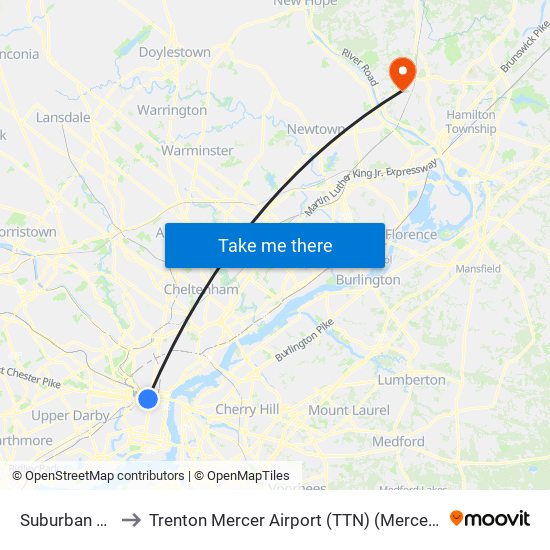 Suburban Station to Trenton Mercer Airport (TTN) (Mercer County Airport) map