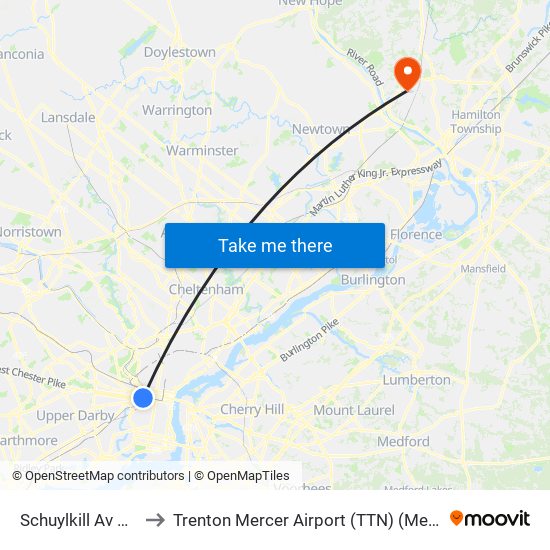 Schuylkill Av & JFK Blvd to Trenton Mercer Airport (TTN) (Mercer County Airport) map