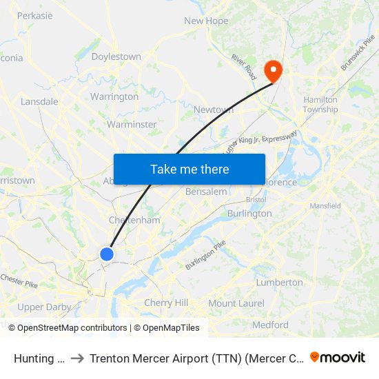 Hunting Park to Trenton Mercer Airport (TTN) (Mercer County Airport) map