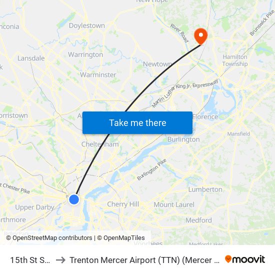 15th St Station to Trenton Mercer Airport (TTN) (Mercer County Airport) map