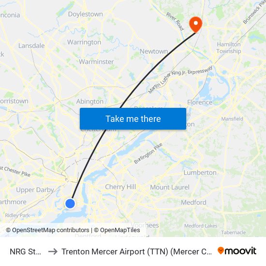 NRG Station to Trenton Mercer Airport (TTN) (Mercer County Airport) map