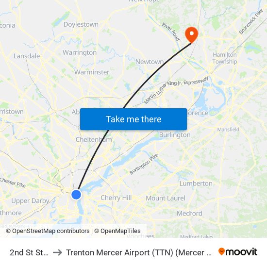 2nd St Station to Trenton Mercer Airport (TTN) (Mercer County Airport) map