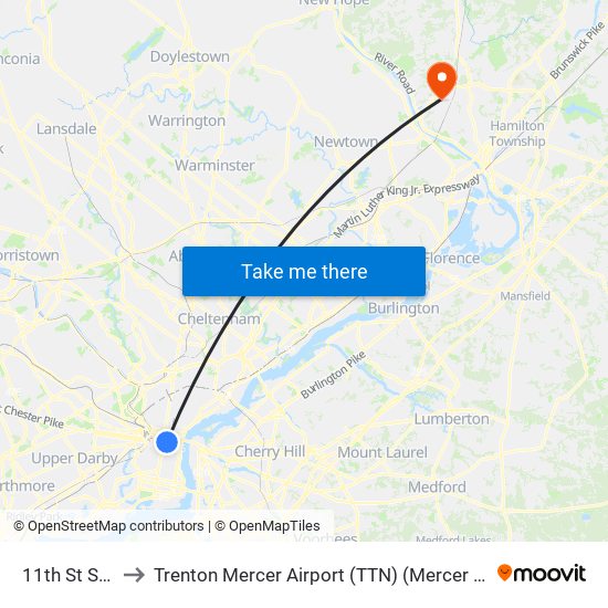 11th St Station to Trenton Mercer Airport (TTN) (Mercer County Airport) map