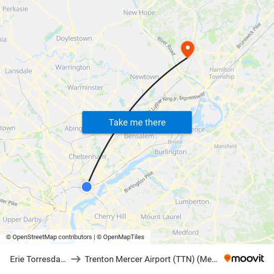 Erie Torresdale Station to Trenton Mercer Airport (TTN) (Mercer County Airport) map