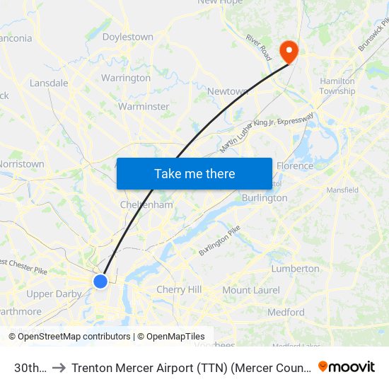 30th St to Trenton Mercer Airport (TTN) (Mercer County Airport) map