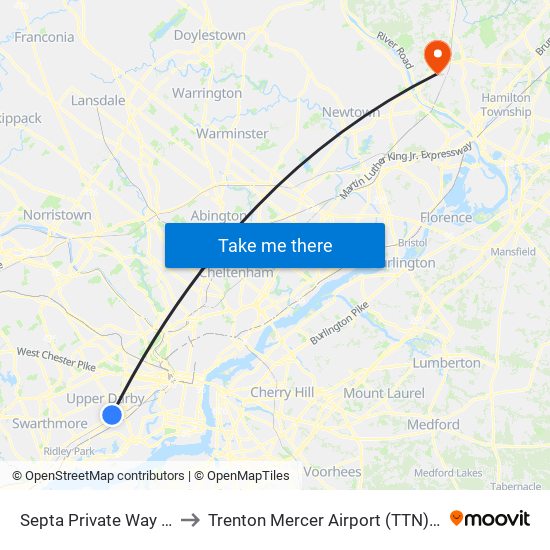 Septa Private Way & Macdade Blvd to Trenton Mercer Airport (TTN) (Mercer County Airport) map