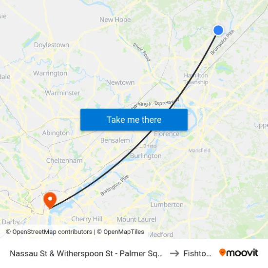 Nassau St & Witherspoon St - Palmer Square to Fishtown map