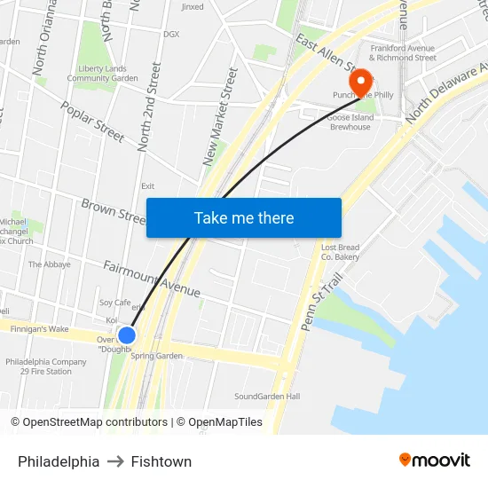 Philadelphia to Fishtown map
