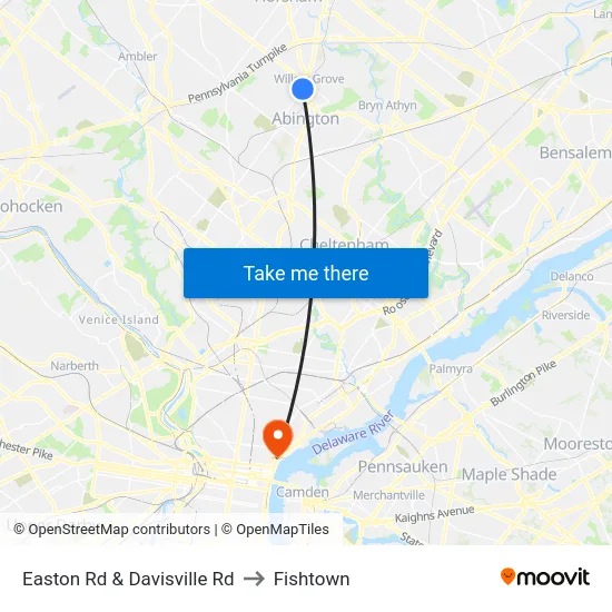 Easton Rd & Davisville Rd to Fishtown map