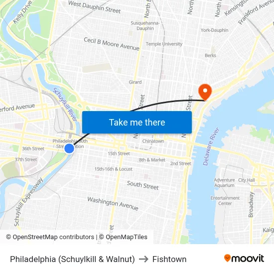 Philadelphia (Schuylkill & Walnut) to Fishtown map