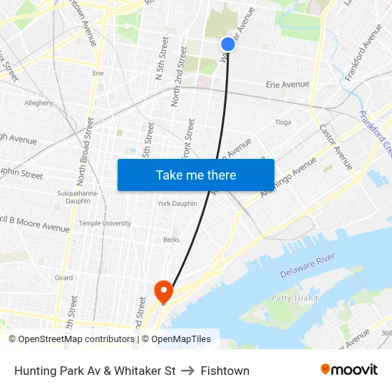 Hunting Park Av & Whitaker St to Fishtown map