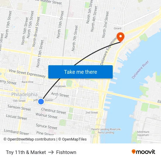 Tny 11th & Market to Fishtown map
