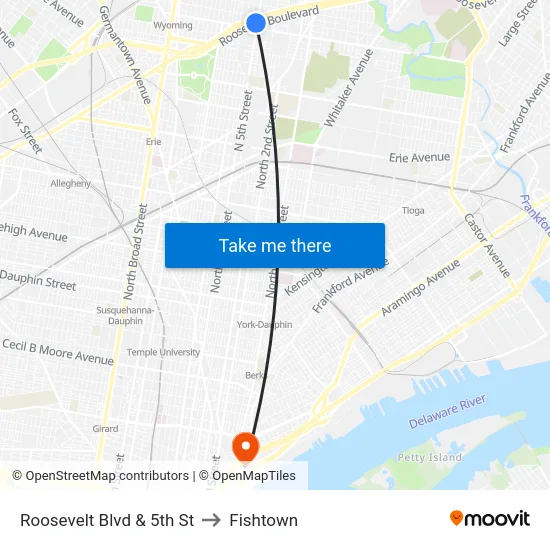 Roosevelt Blvd & 5th St to Fishtown map