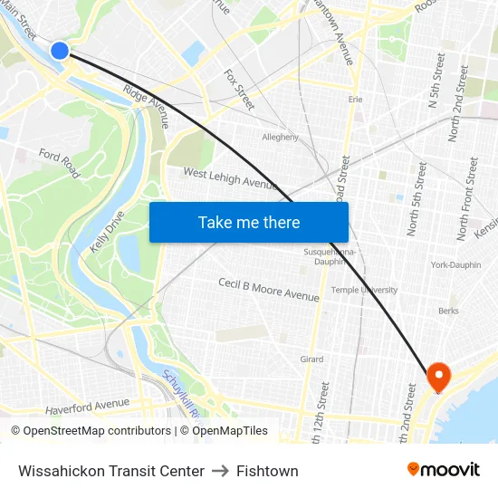 Wissahickon Transit Center to Fishtown map