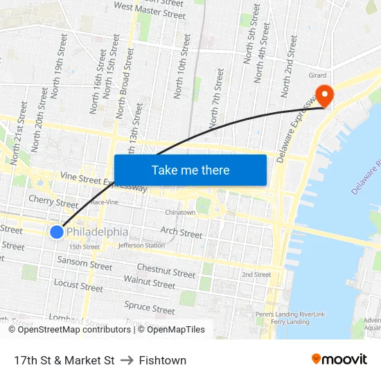 17th St & Market St to Fishtown map
