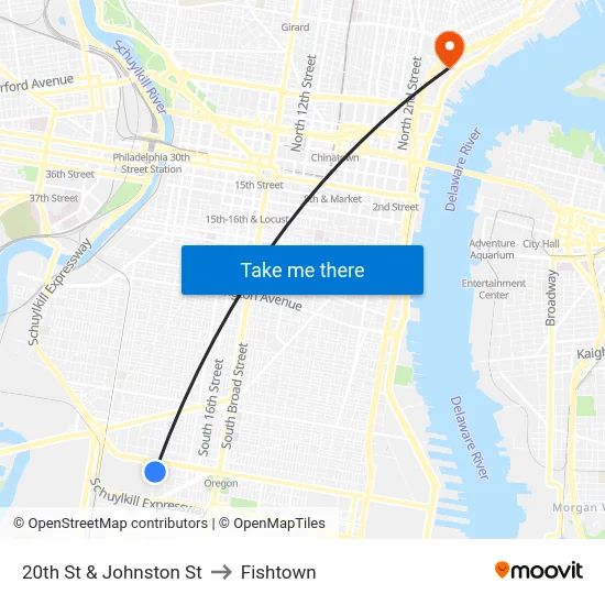20th St & Johnston St to Fishtown map