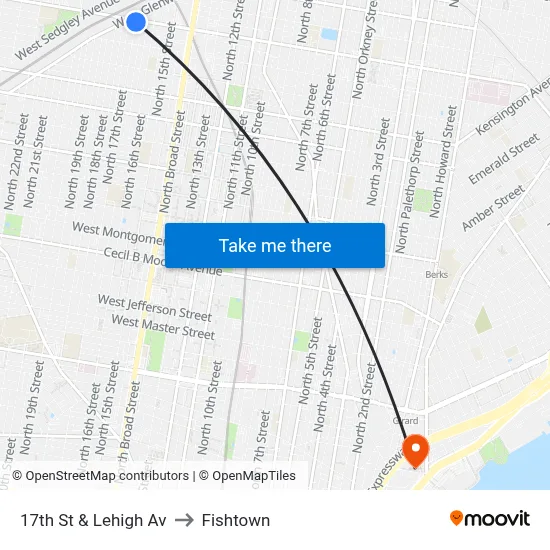 17th St & Lehigh Av to Fishtown map