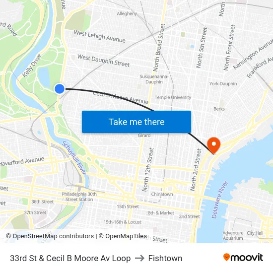 33rd St & Cecil B Moore Av Loop to Fishtown map