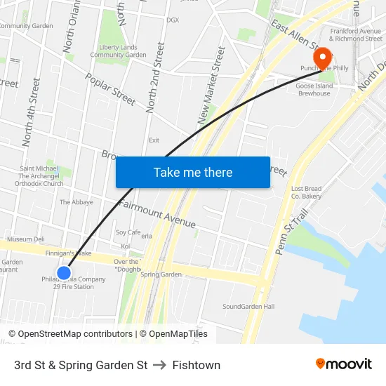 3rd St & Spring Garden St to Fishtown map