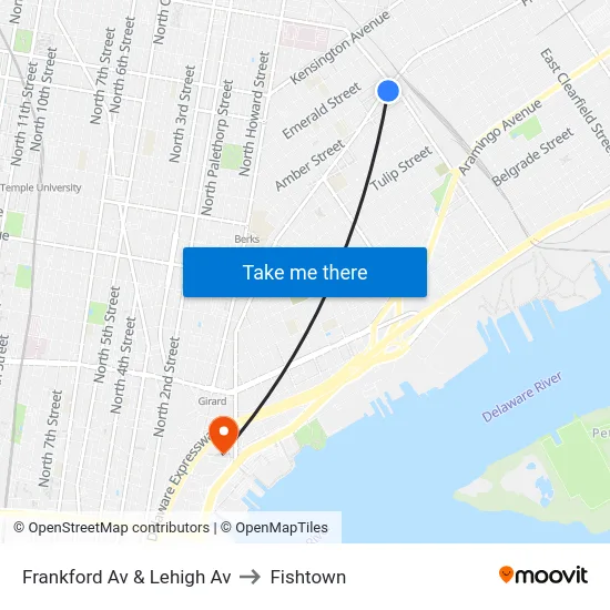 Frankford Av & Lehigh Av to Fishtown map