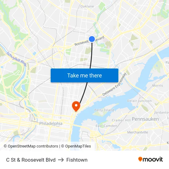 C St & Roosevelt Blvd to Fishtown map