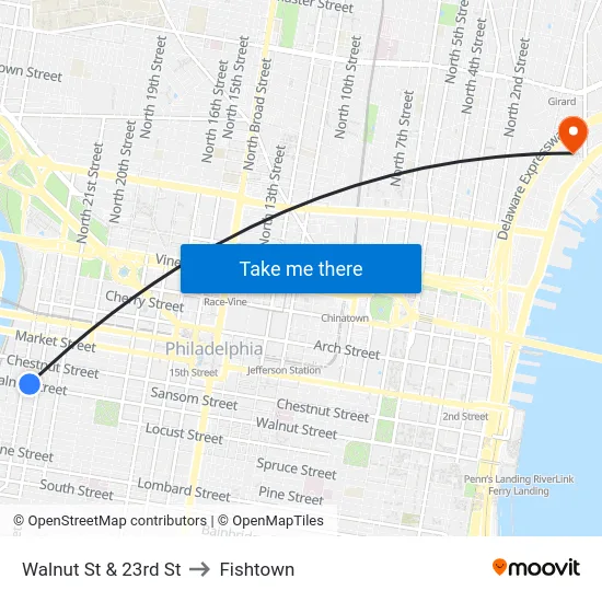 Walnut St & 23rd St to Fishtown map