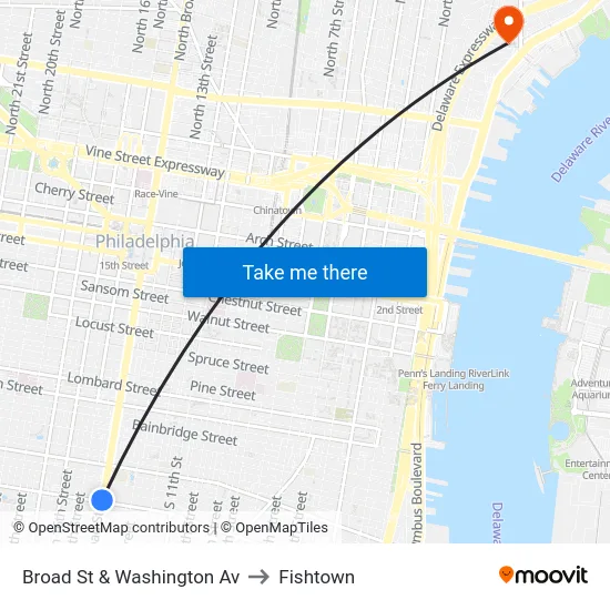 Broad St & Washington Av to Fishtown map
