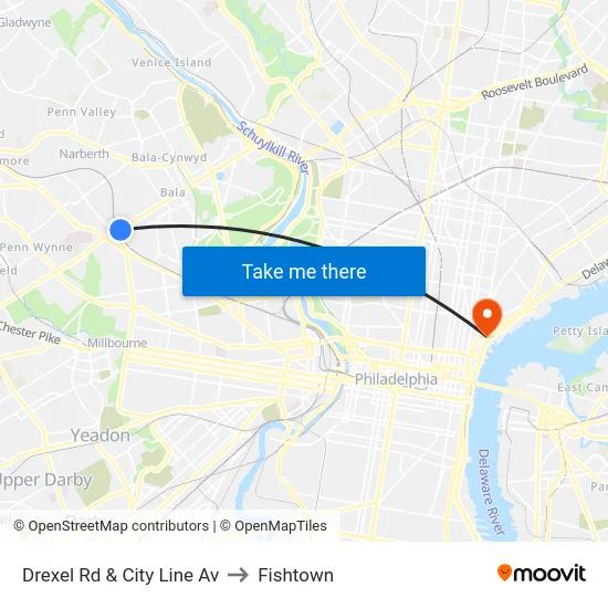 Drexel Rd & City Line Av to Fishtown map