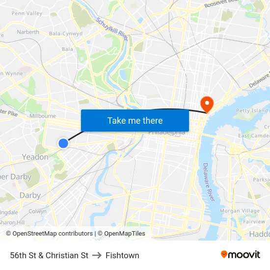 56th St & Christian St to Fishtown map