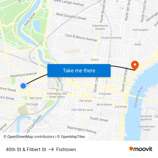 40th St & Filbert St to Fishtown map