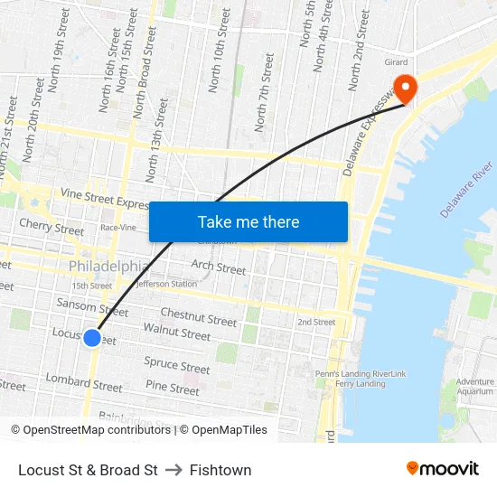 Locust St & Broad St to Fishtown map