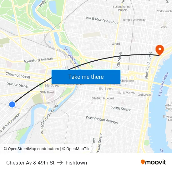 Chester Av & 49th St to Fishtown map