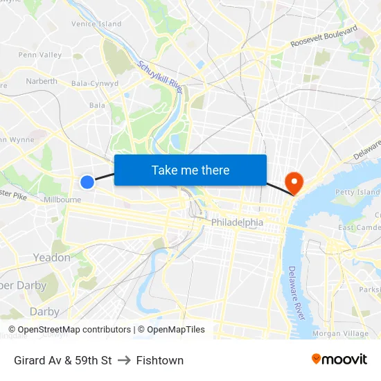 Girard Av & 59th St to Fishtown map