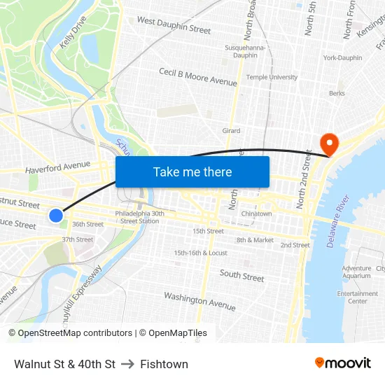 Walnut St & 40th St to Fishtown map