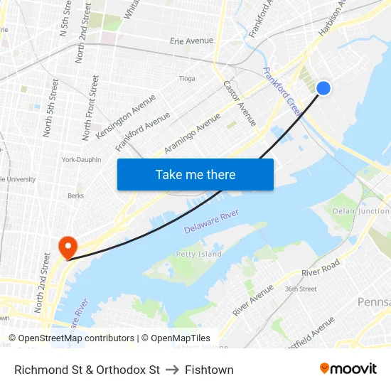 Richmond St & Orthodox St to Fishtown map