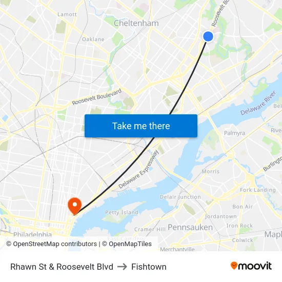 Rhawn St & Roosevelt Blvd to Fishtown map