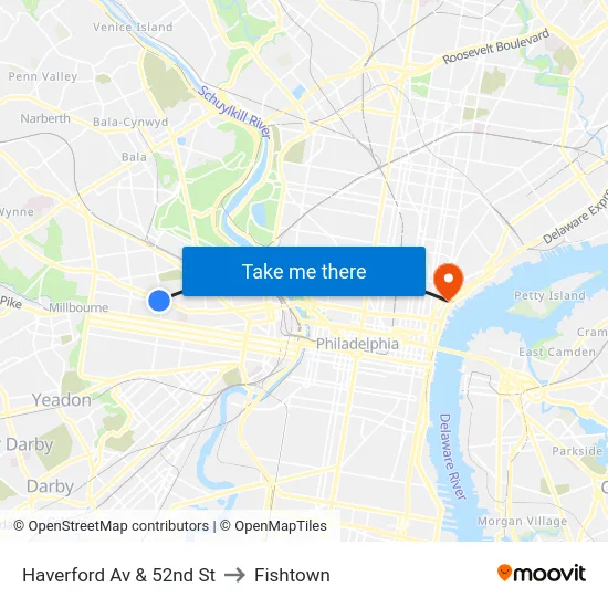 Haverford Av & 52nd St to Fishtown map