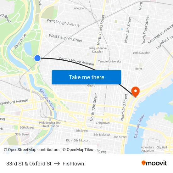 33rd St & Oxford St to Fishtown map