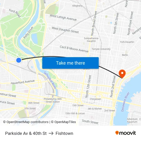 Parkside Av & 40th St to Fishtown map