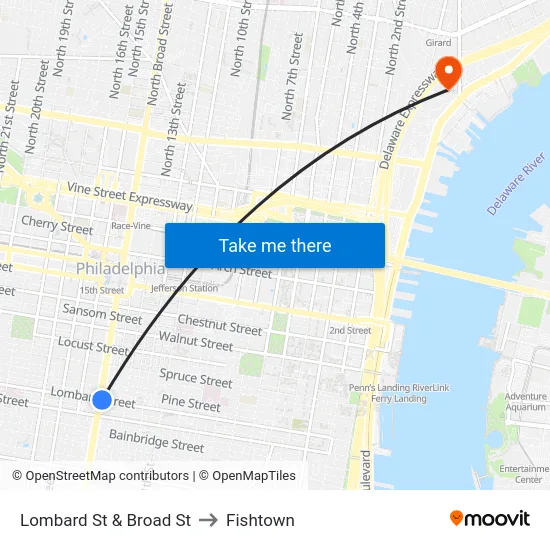 Lombard St & Broad St to Fishtown map