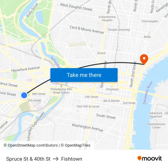 Spruce St & 40th St to Fishtown map