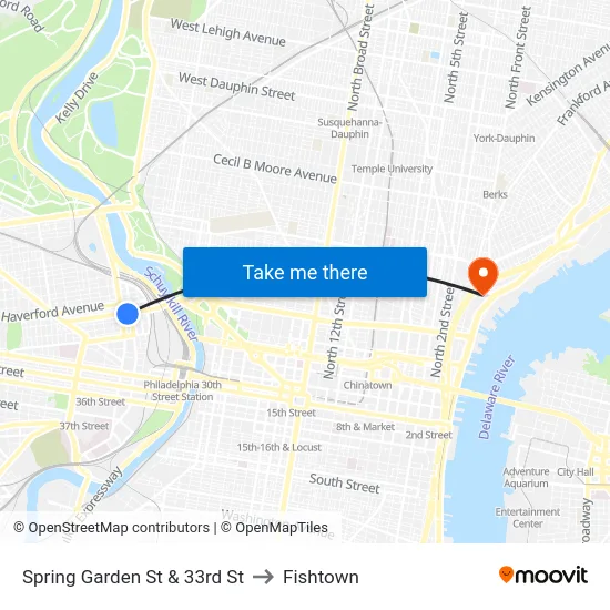 Spring Garden St & 33rd St to Fishtown map