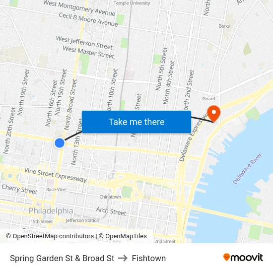 Spring Garden St & Broad St to Fishtown map