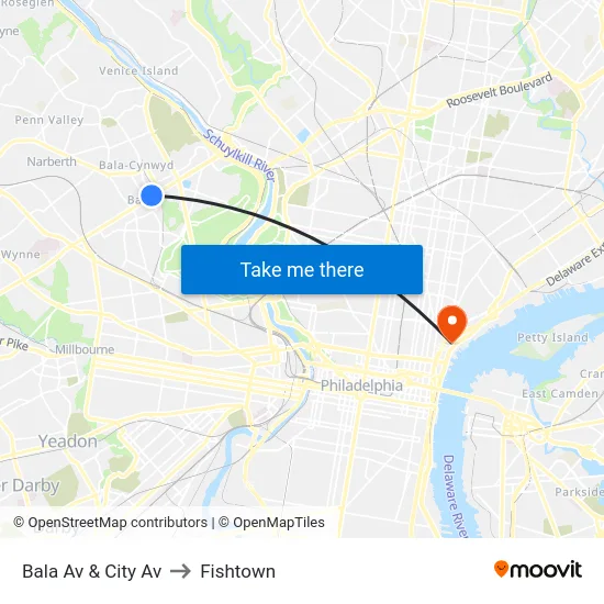 Bala Av & City Av to Fishtown map