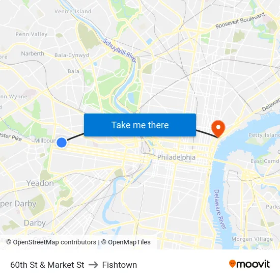60th St & Market St to Fishtown map