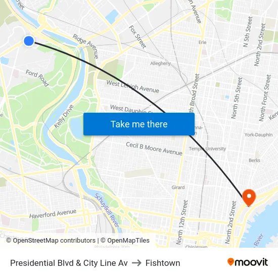 Presidential Blvd & City Line Av to Fishtown map