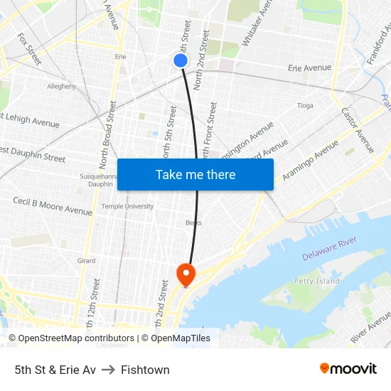 5th St & Erie Av to Fishtown map