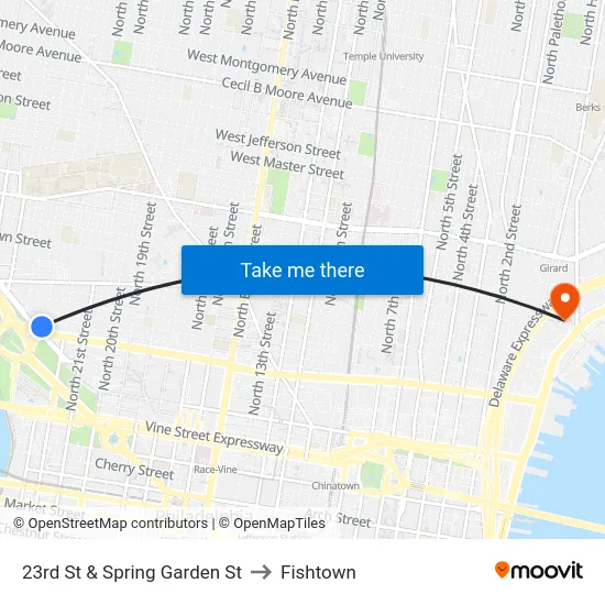 23rd St & Spring Garden St to Fishtown map